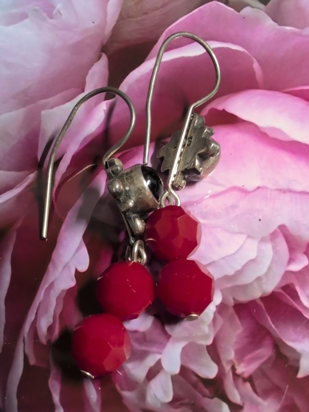 Red Bead Drop Earrings - Silver Accent